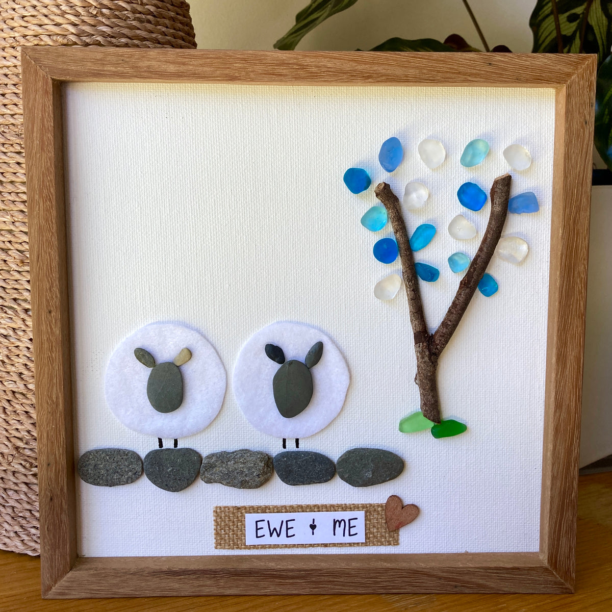Sea Glass and Pebble Art, "Ewe and Me" Framed Canvas Pebbles & Paws
