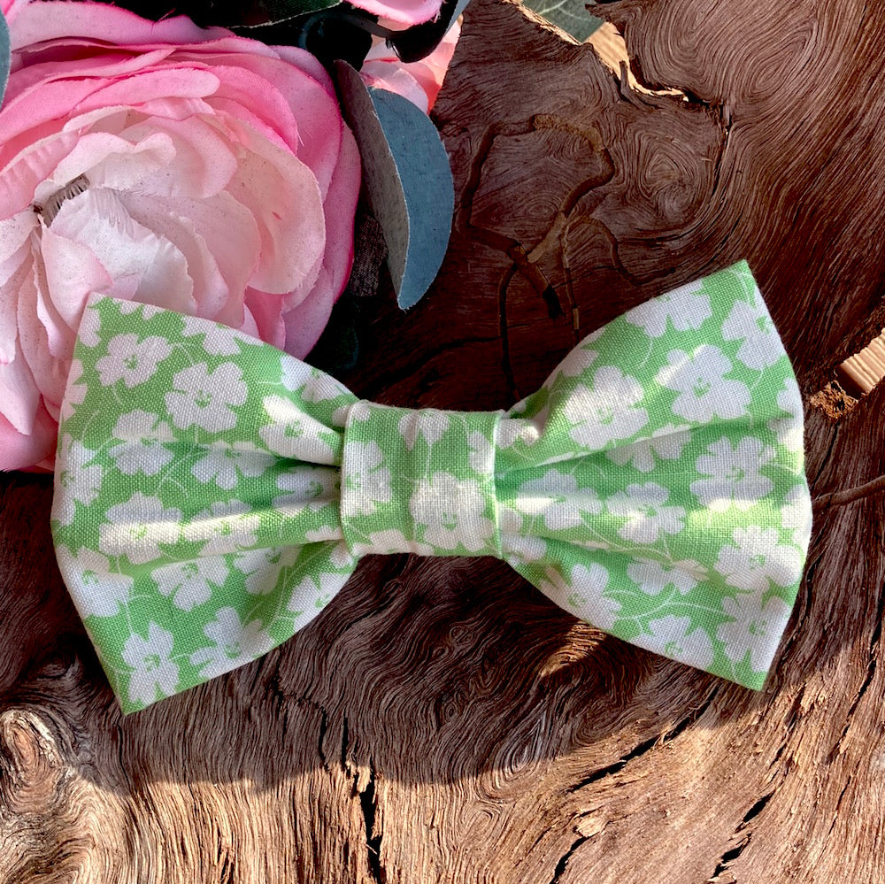 Handmade Dog Bow Tie, "Green White Flowers"