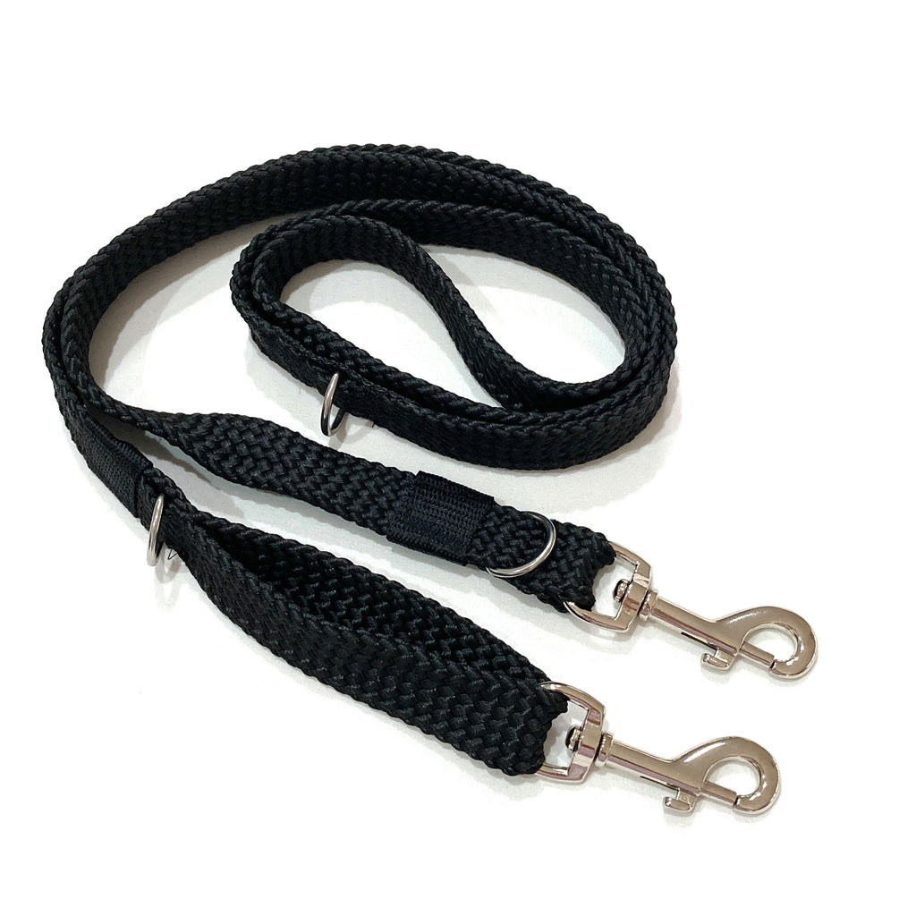 BLACK Double Ended Tethering Dog Lead/Leash, Plaited Polyester Webbing with 3 D Rings