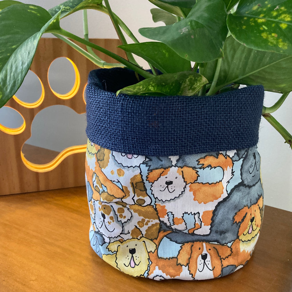 Indigo Hessian Lined Plant Pot Holder Bag - CHARACTER DOGS