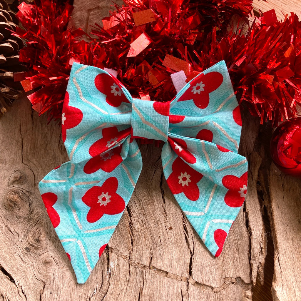 Xmas Dog Sailor Bow - "AQUA FLOWERS"