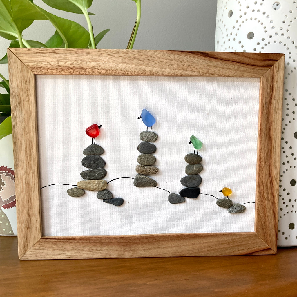 Framed Pebble & Sea Glass Art, "Chatty Birds on Rock Piles"