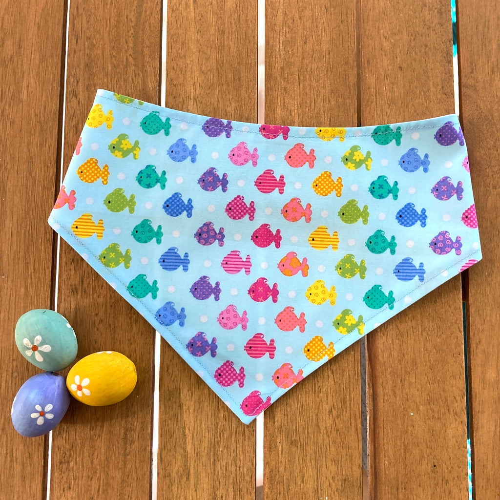 Handmade Dog Bandana, Sailor Bow or Bow Tie, Pale Blue "Little Fishes"