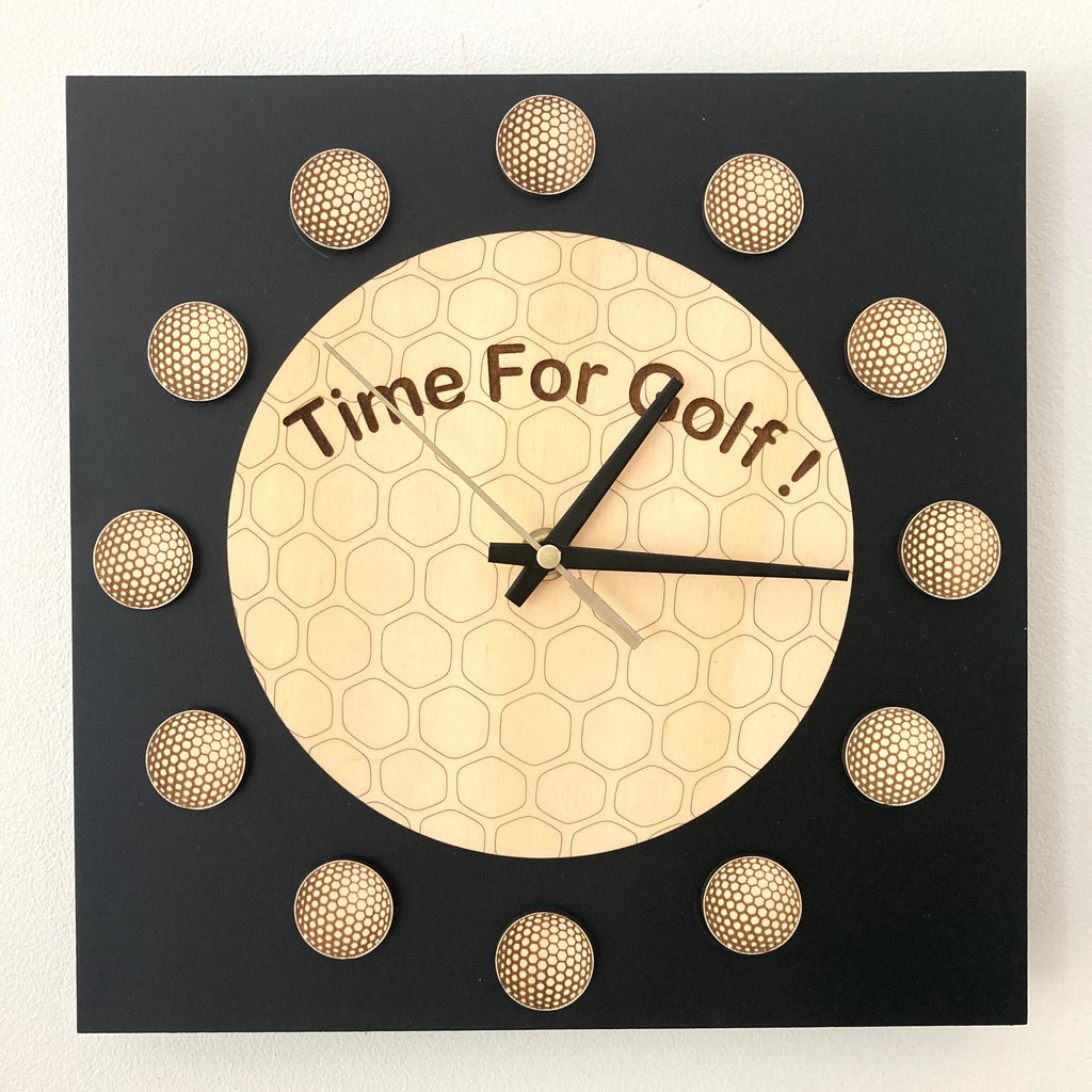 Square Wooden "Time for Golf" Clock - Black/Natural