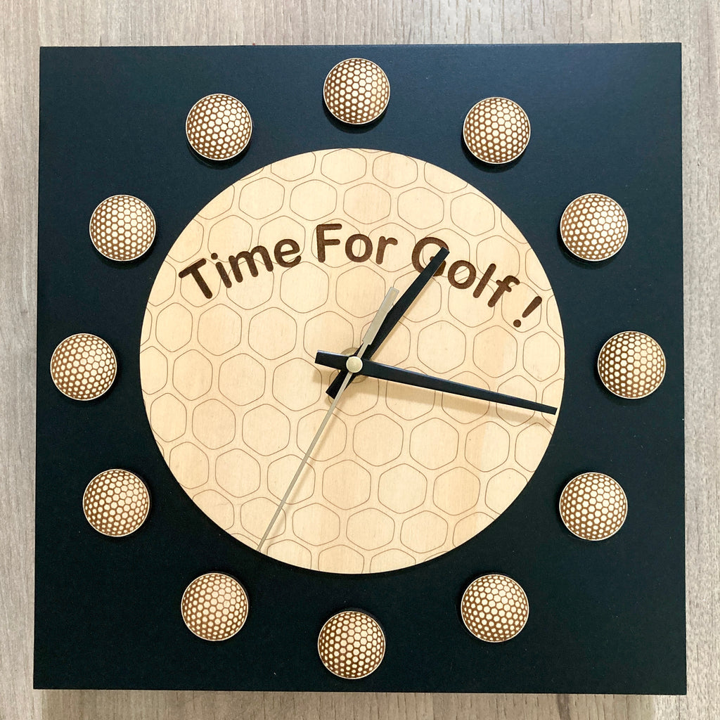 Square Wooden "Time for Golf" Clock - Black/Natural