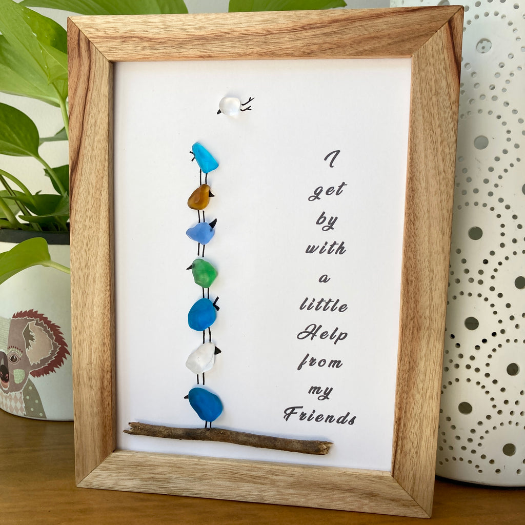 Framed Sea Glass Art, "I get by with a bit of help from my Friends"