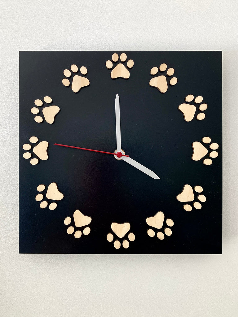 Square Wooden Paw Print Clock - Black/Natural