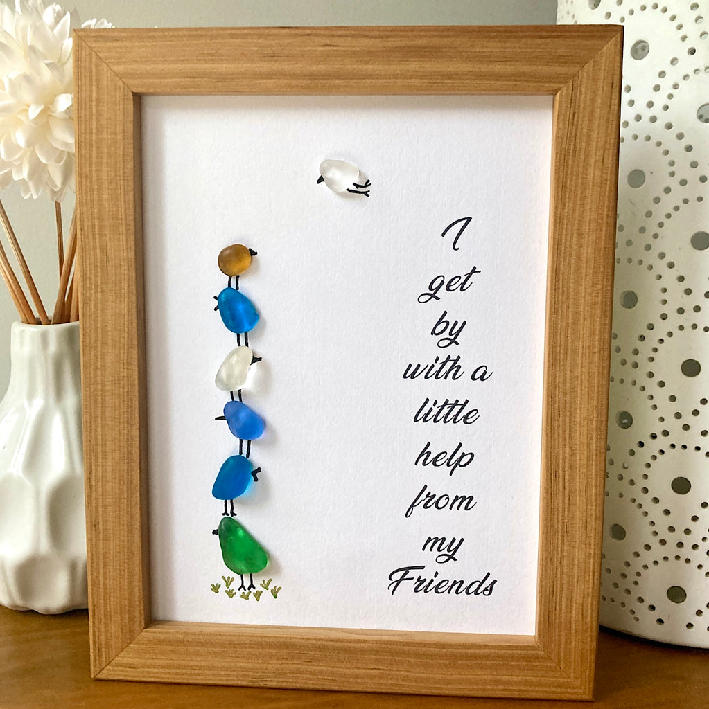 Framed Sea Glass Art, "I get by with a bit of help from my Friends"