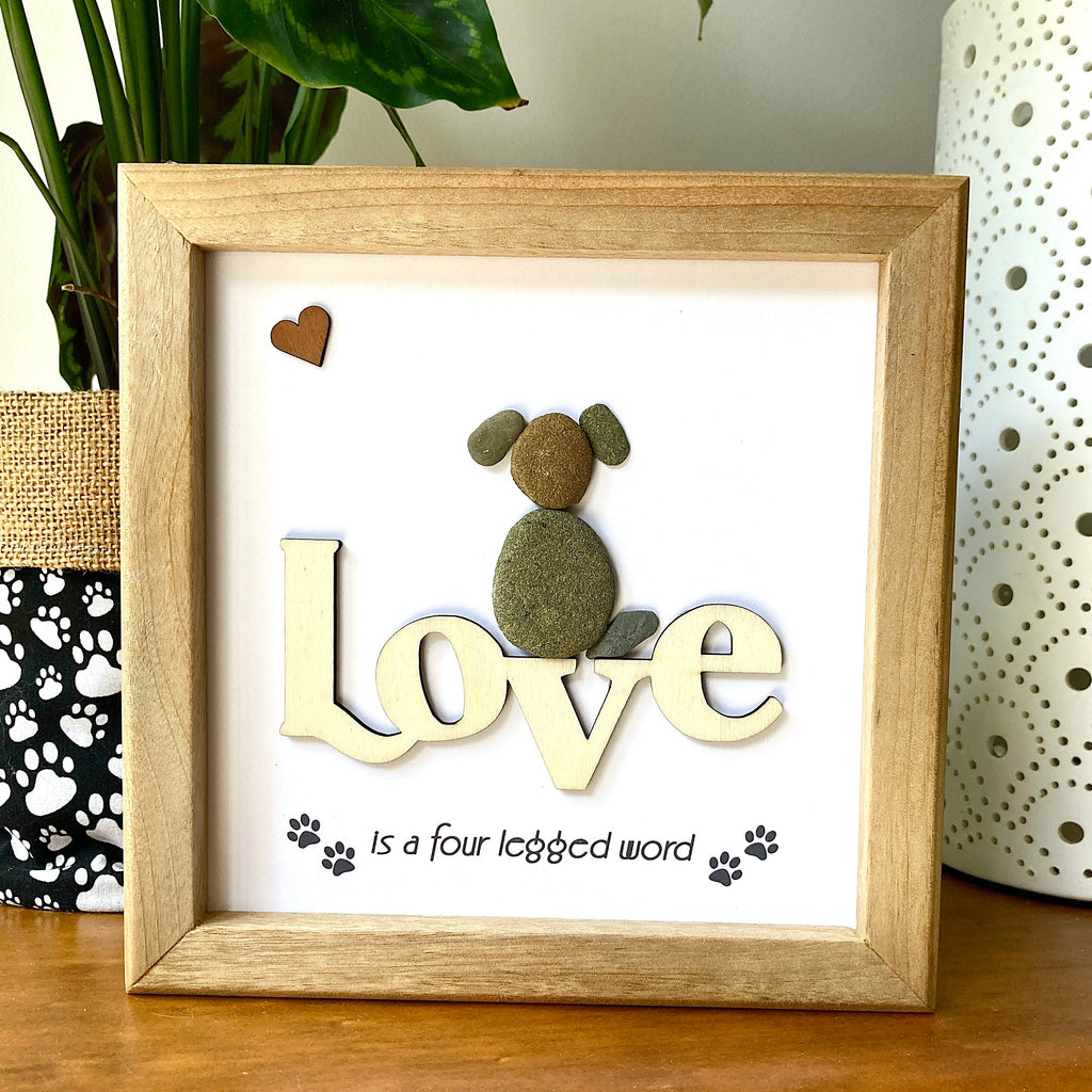 Framed Pebble Art, "Love is a Four Legged Word", with Dog