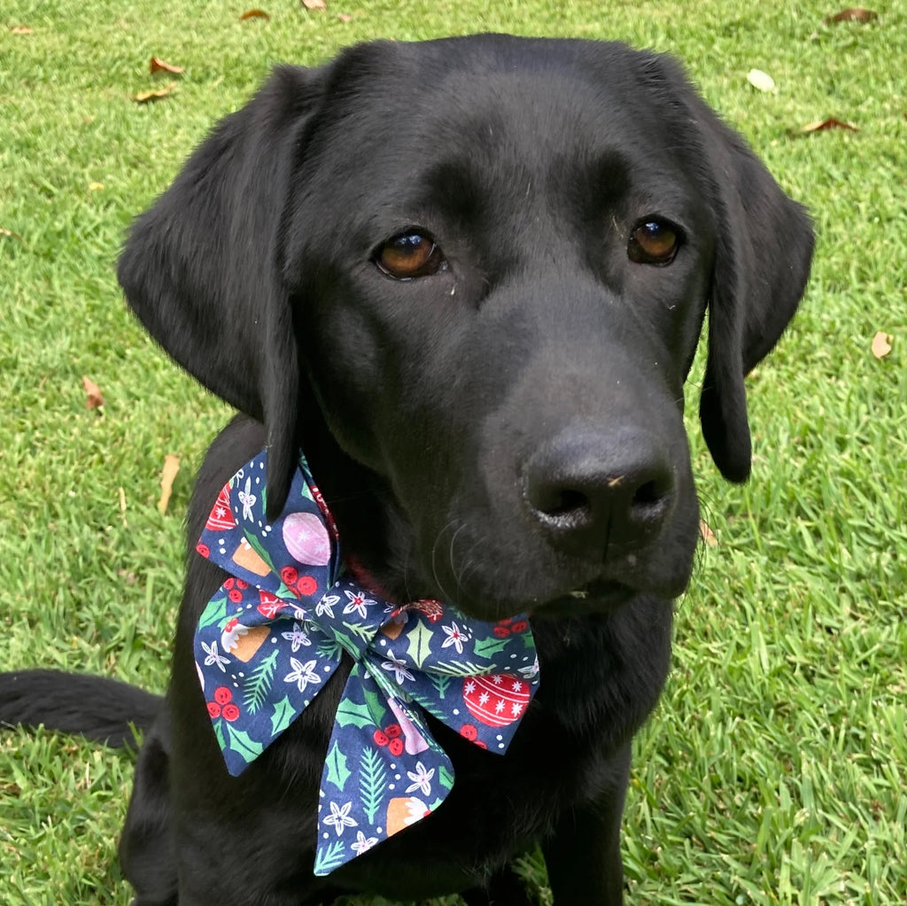 Xmas Dog Sailor Bow - "BLUE BAUBLES & BERRIES"