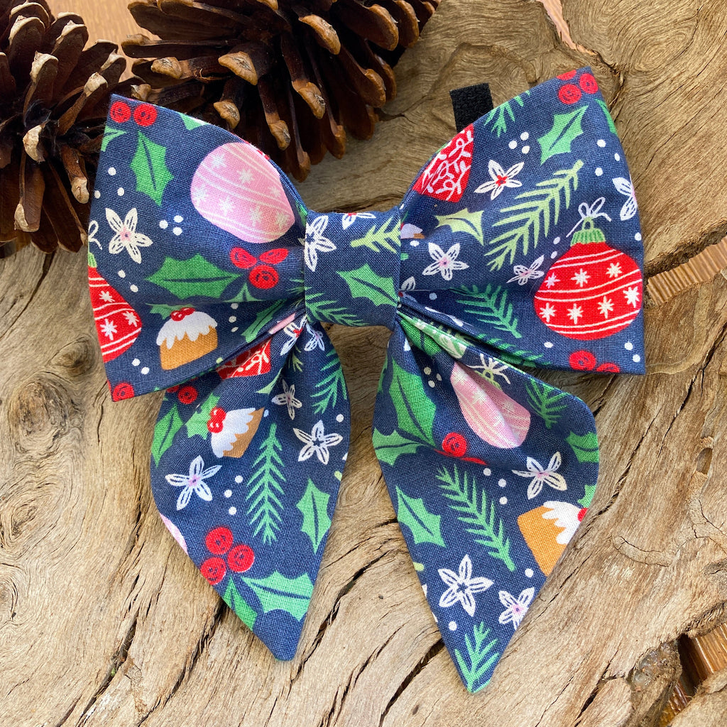Xmas Dog Sailor Bow - "BLUE BAUBLES & BERRIES"