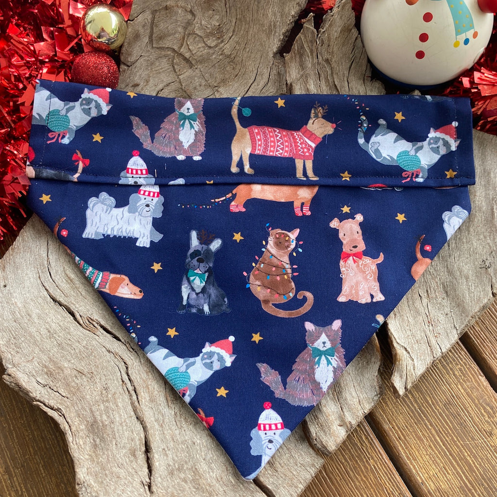 Christmas Over the Collar Handmade Dog Bandana - NAVY XMAS PETS