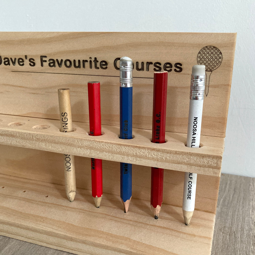 Personalised "Favourite Courses" 9 Golf Pencils Display Holder