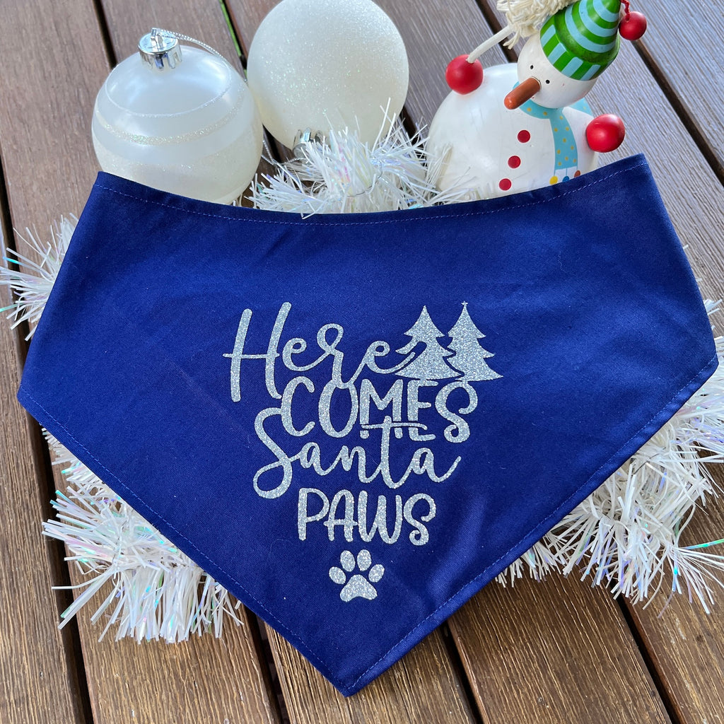HERE COMES SANTA PAWS! - GLITTER Printed Xmas Dog Bandana