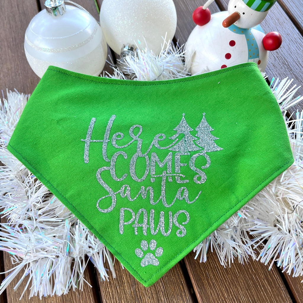 HERE COMES SANTA PAWS! - GLITTER Printed Xmas Dog Bandana