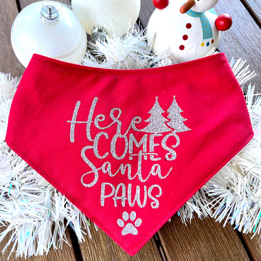 HERE COMES SANTA PAWS! - GLITTER Printed Xmas Dog Bandana