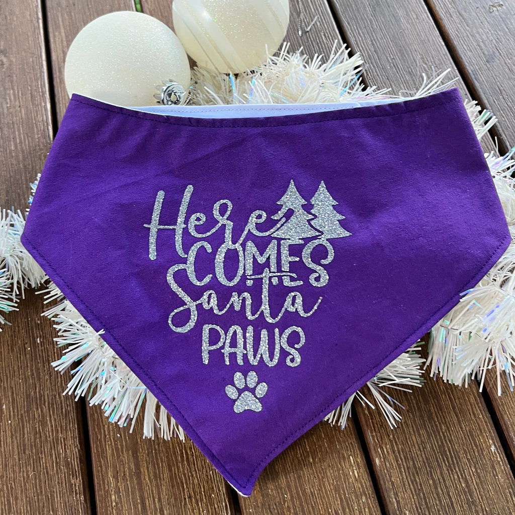 HERE COMES SANTA PAWS! - GLITTER Printed Xmas Dog Bandana
