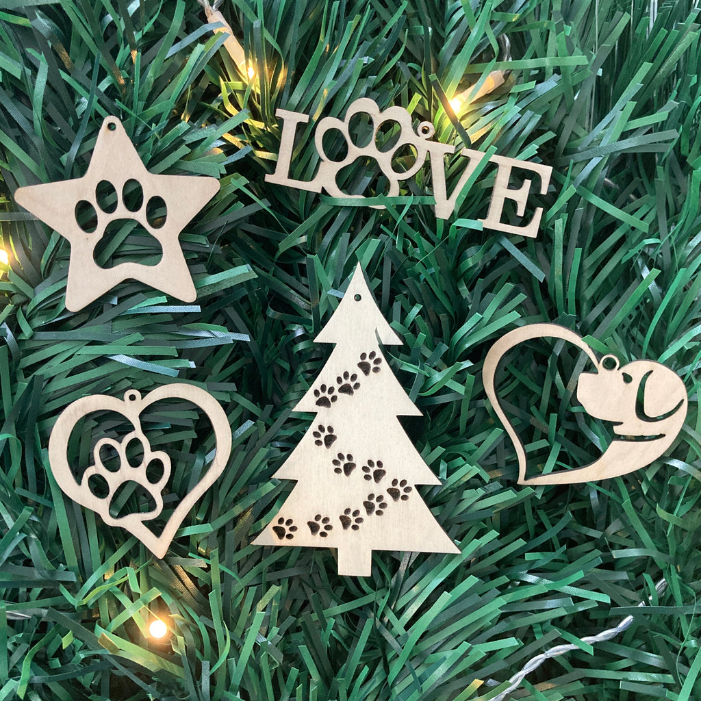 Set of 5 Dog Themed Wooden Xmas Tree Decorations, Great Dog Lover Gift