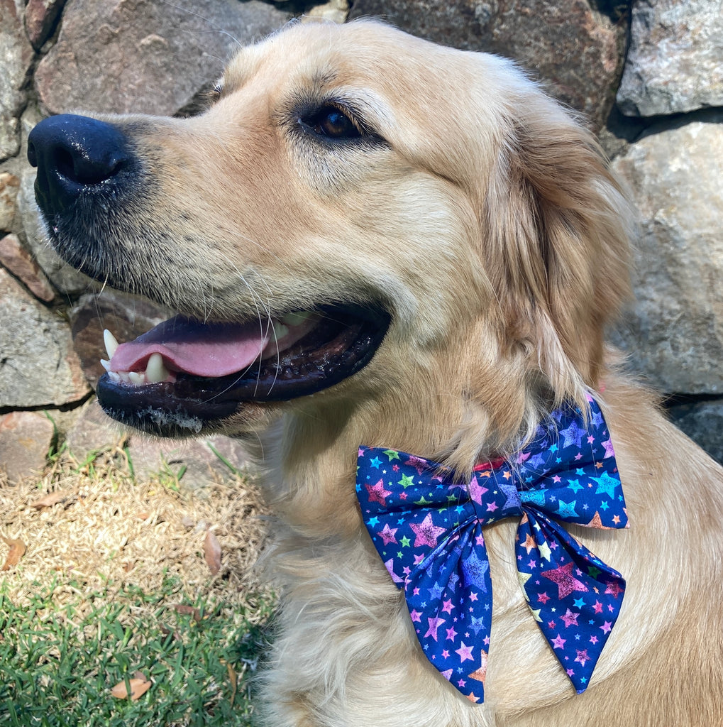 Handmade Dog Sailor Bow, "Blue with Multicoloured Stars"