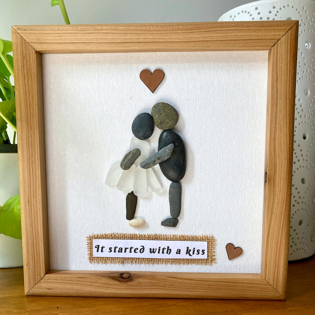 Sea Glass and Pebble Art, "It Started with a Kiss" Framed Canvas
