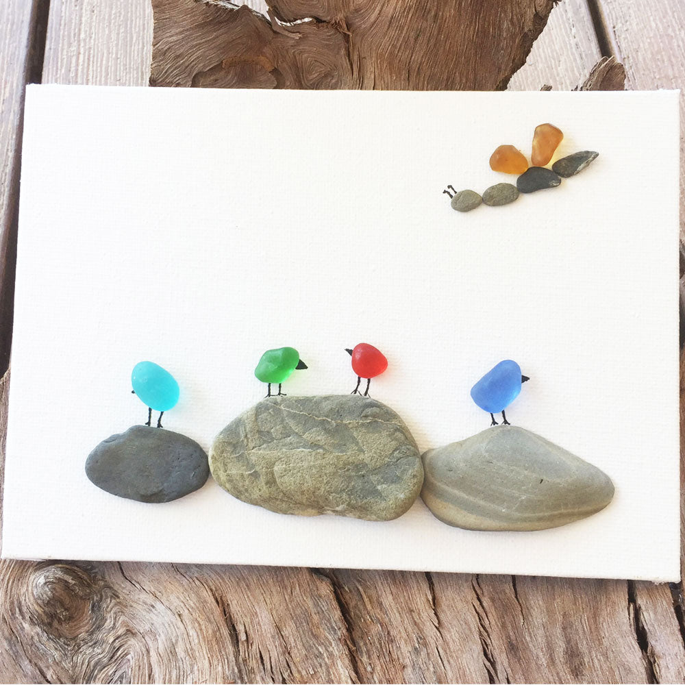 5" x 7" Pebble Art and Sea Glass Canvas, 4 Birds on 3 Rocks with Brown Butterfly