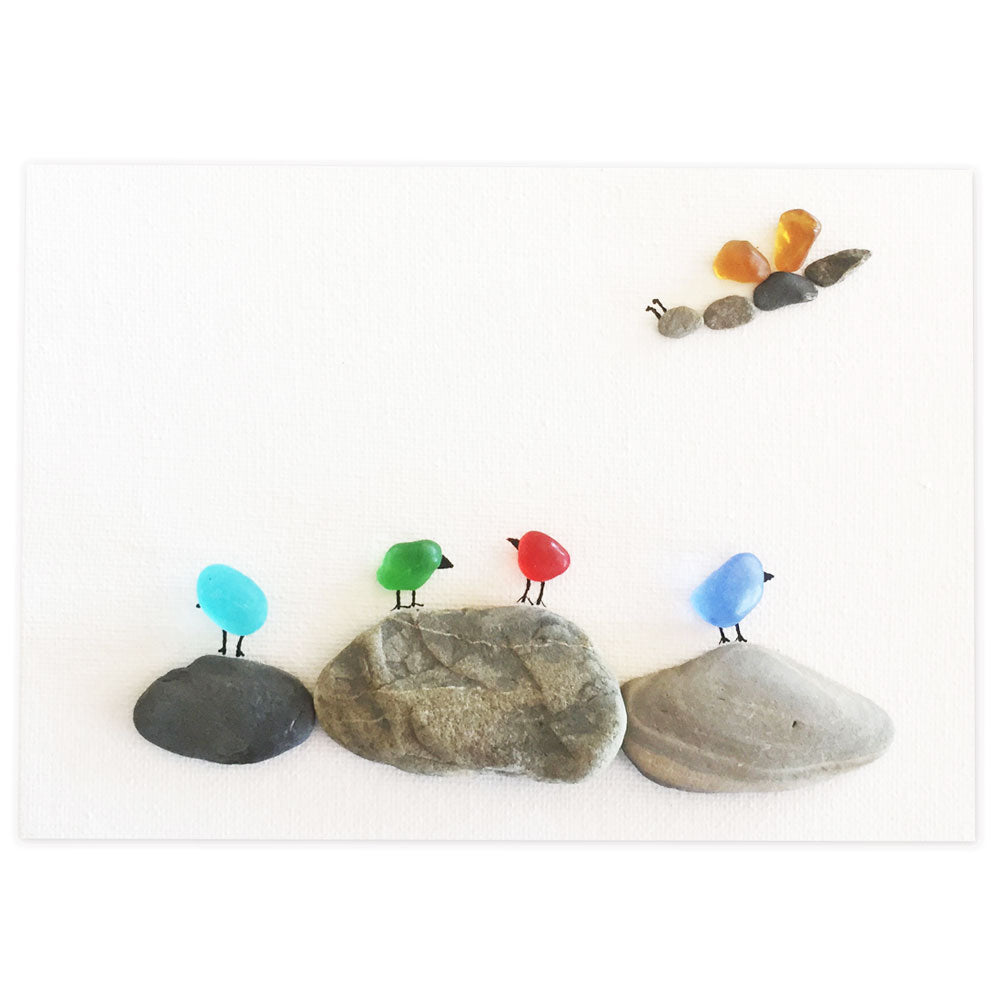 5" x 7" Pebble Art and Sea Glass Canvas, 4 Birds on 3 Rocks with Brown Butterfly