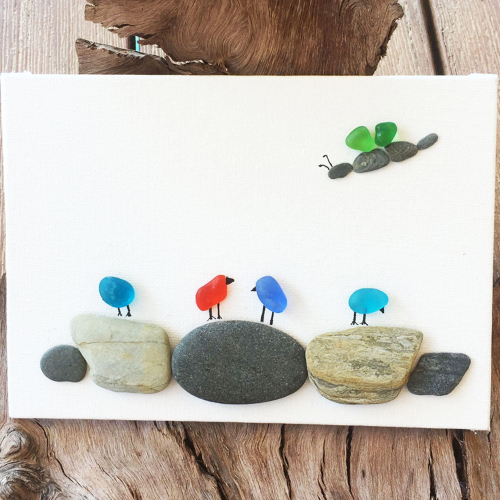 5" x 7" Pebble Art and Sea Glass Canvas, 4 Birds on 5 Rocks with Green Butterfly