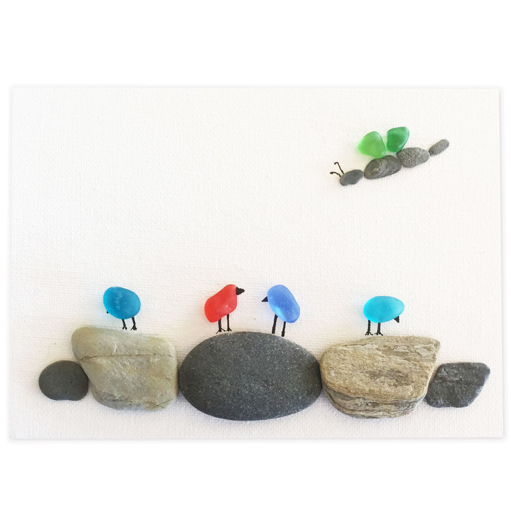5" x 7" Pebble Art and Sea Glass Canvas, 4 Birds on 5 Rocks with Green Butterfly