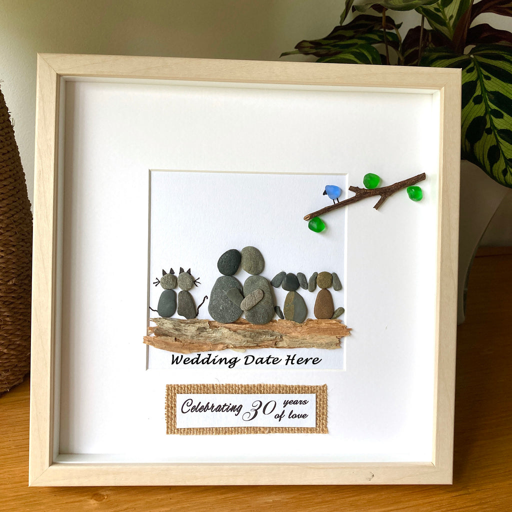 25 x 25cm Shadowbox Framed Customisable Pebble Art "Anniversary Celebration"