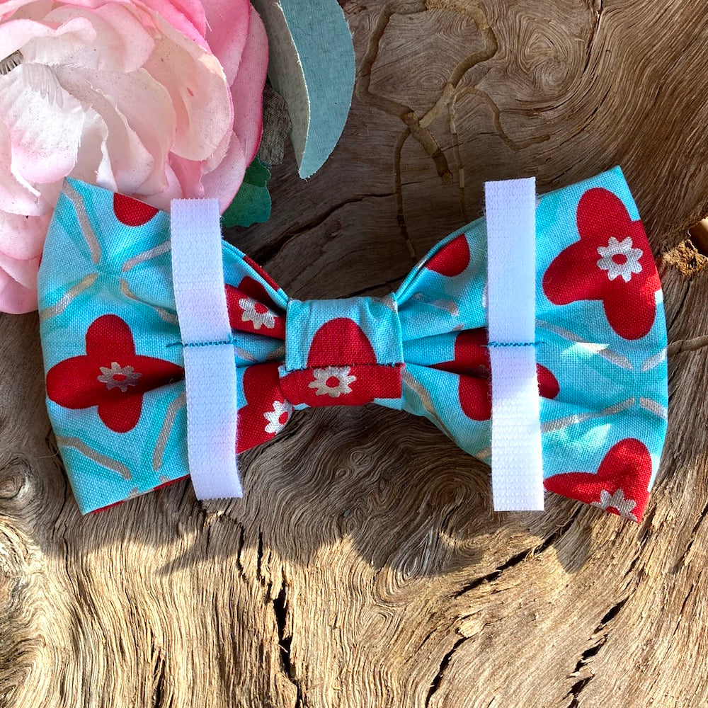 Handmade Dog Bow Tie, "Aqua/Red Flowers"