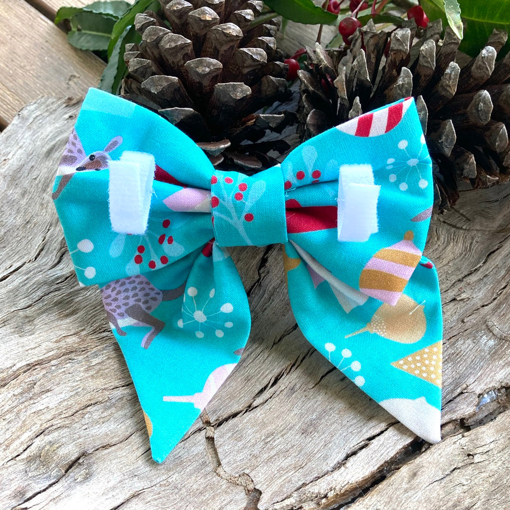 Xmas Dog Sailor Bow - "AQUA WALLABIES"