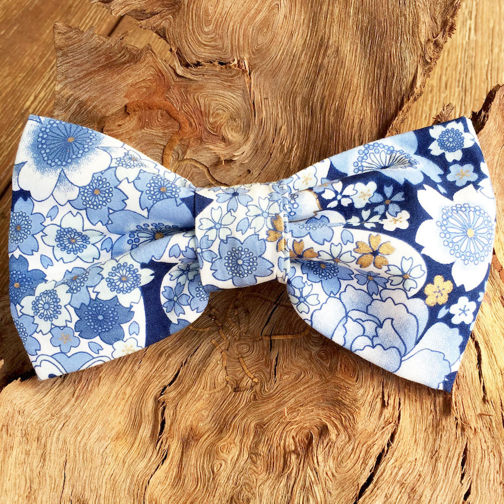 Handmade Dog Bow Tie, "Blue Floral"