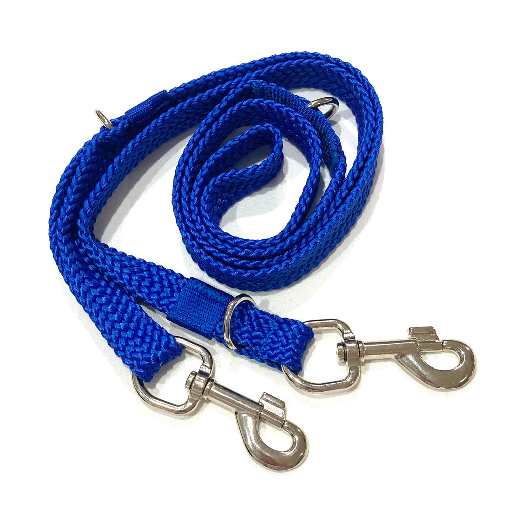 BLUE Double Ended Tethering Dog Lead/Leash, Plaited Polyester Webbing with 3 D Rings