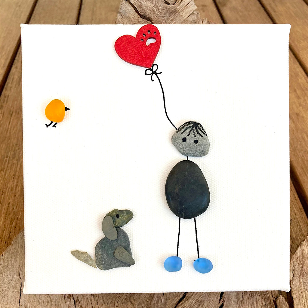 Pebble Art and Sea Glass Square Canvas Picture, "Child with Puppy and Balloon"