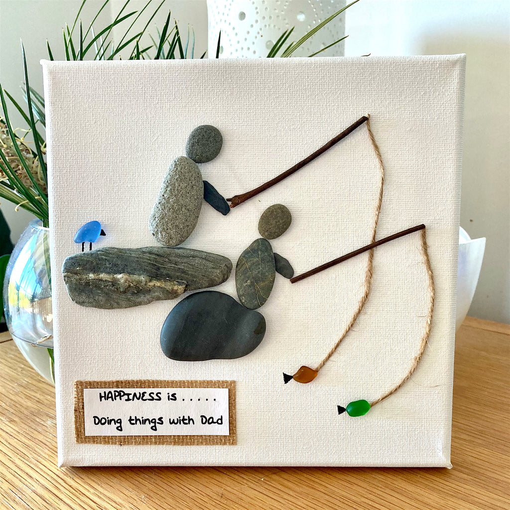 Pebble Art and Sea Glass Square Canvas Picture, "HAPPINESS is . . Doing Things with Dad""