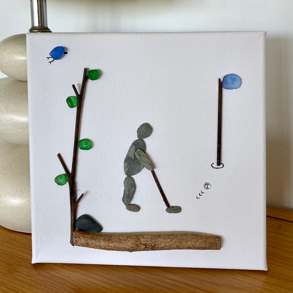 Pebble Art and Sea Glass Square Canvas Picture, "Dad Playing Golf"