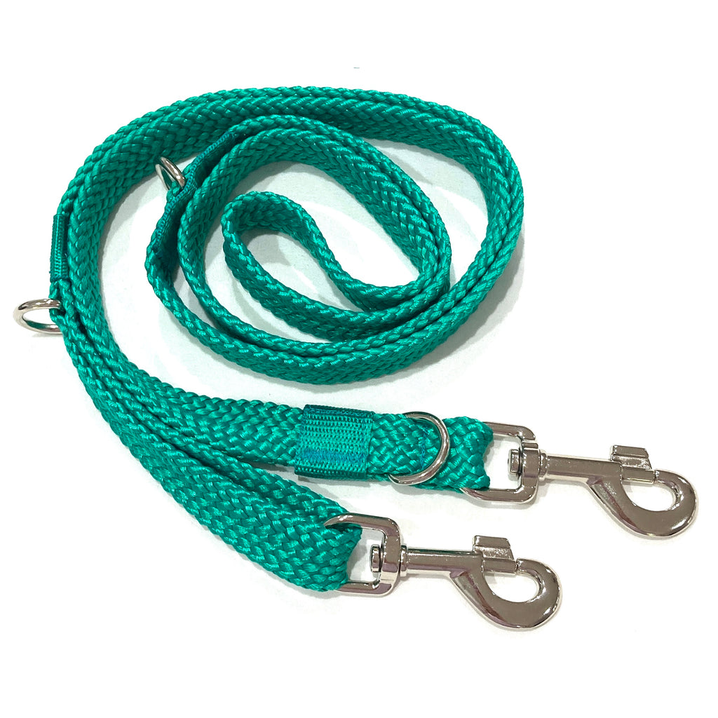 GREEN Double Ended Tethering Dog Lead/Leash, Plaited Polyester Webbing with 3 D Rings