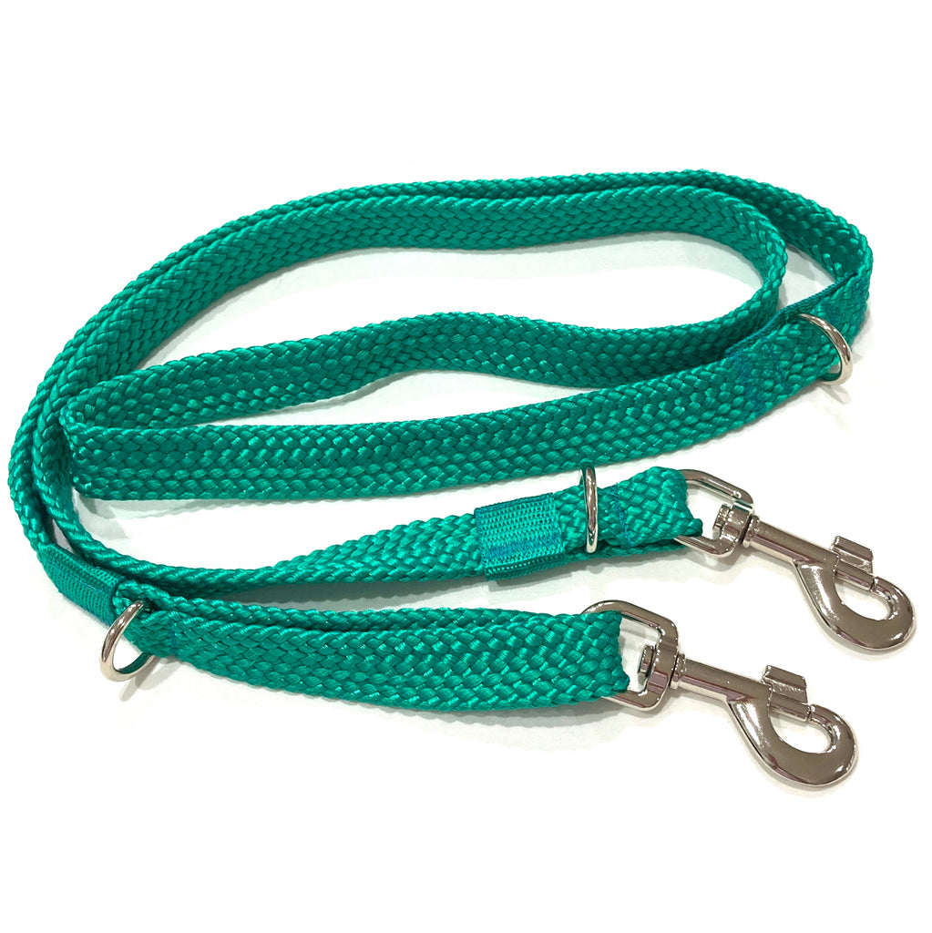 GREEN Double Ended Tethering Dog Lead/Leash, Plaited Polyester Webbing with 3 D Rings