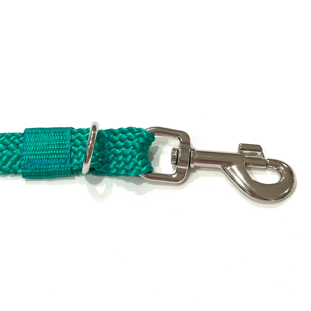 GREEN Double Ended Tethering Dog Lead/Leash, Plaited Polyester Webbing with 3 D Rings