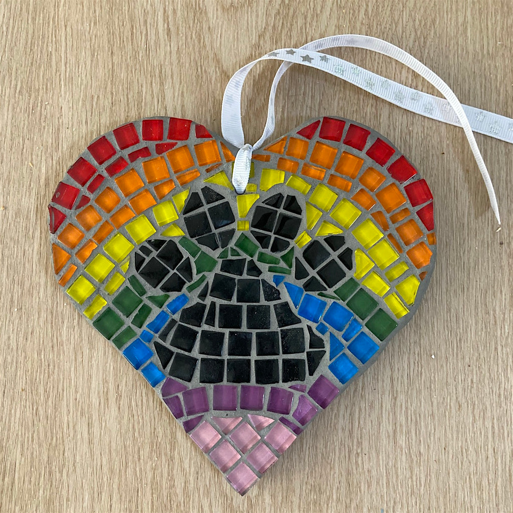 Two sided Paw Print Mosaic Heart "Over the Rainbow"
