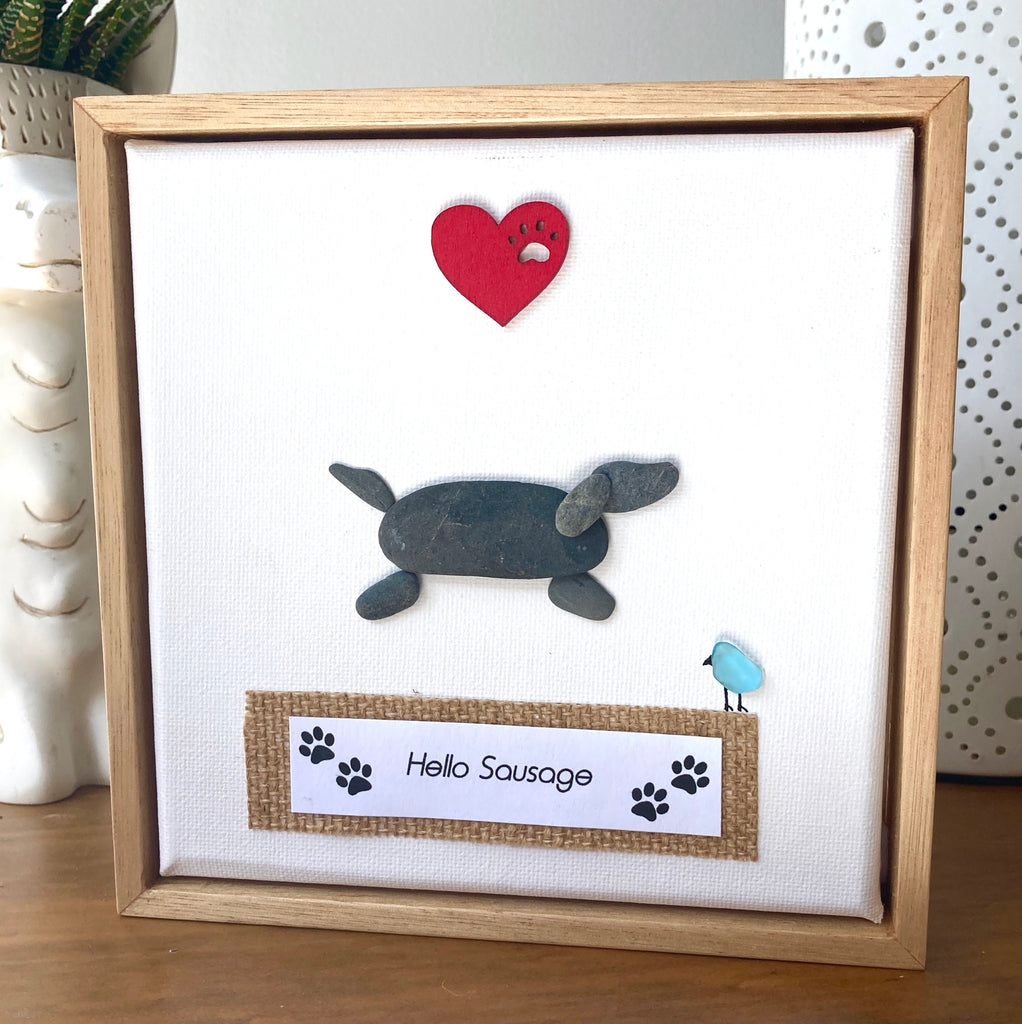 Framed Canvas Pebble & Sea Glass Art, "Hello Sausage", Unique Dog Lover Gift