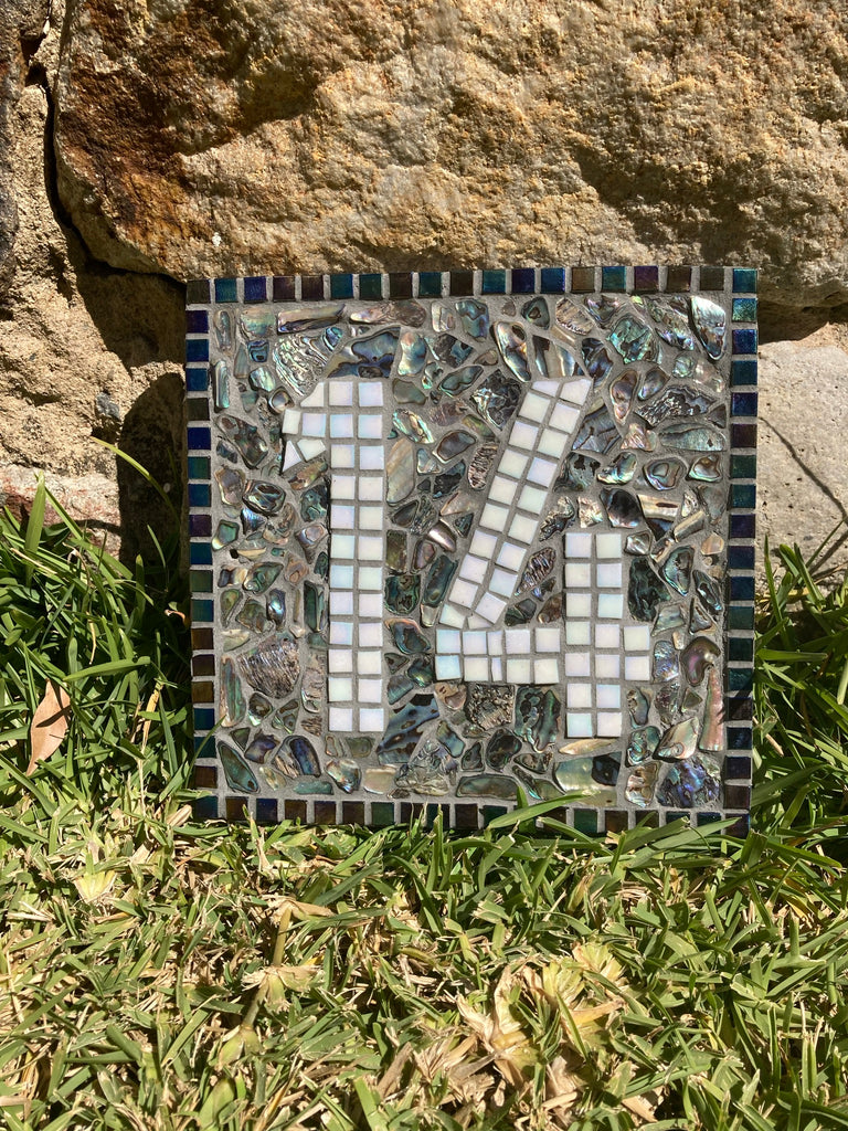 Custom Made Paua Shell Mosaic House Number, 1 or 2 Digits - 22cm SQUARE
