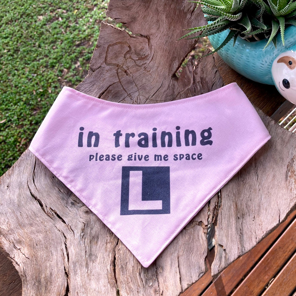 "In Training Please Give Me Space - L Plate" Handmade Dog Bandana - Pale Pink