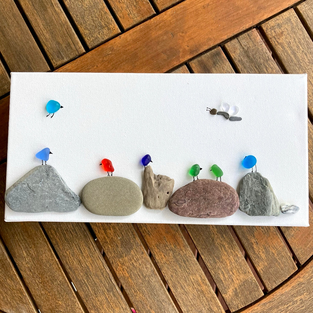 Canvas Sea Glass & Pebble Art, "Birds on Rocks"