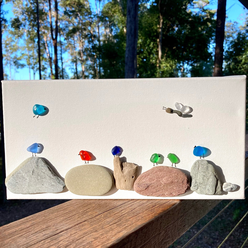 Canvas Sea Glass & Pebble Art, "Birds on Rocks"