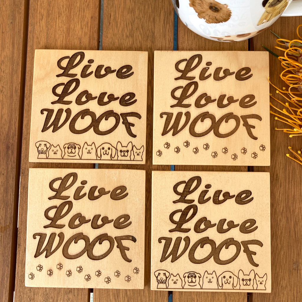 Set of 2 or 4 Wooden LIVE LOVE WOOF Dog Coasters - Dog Lover Gift