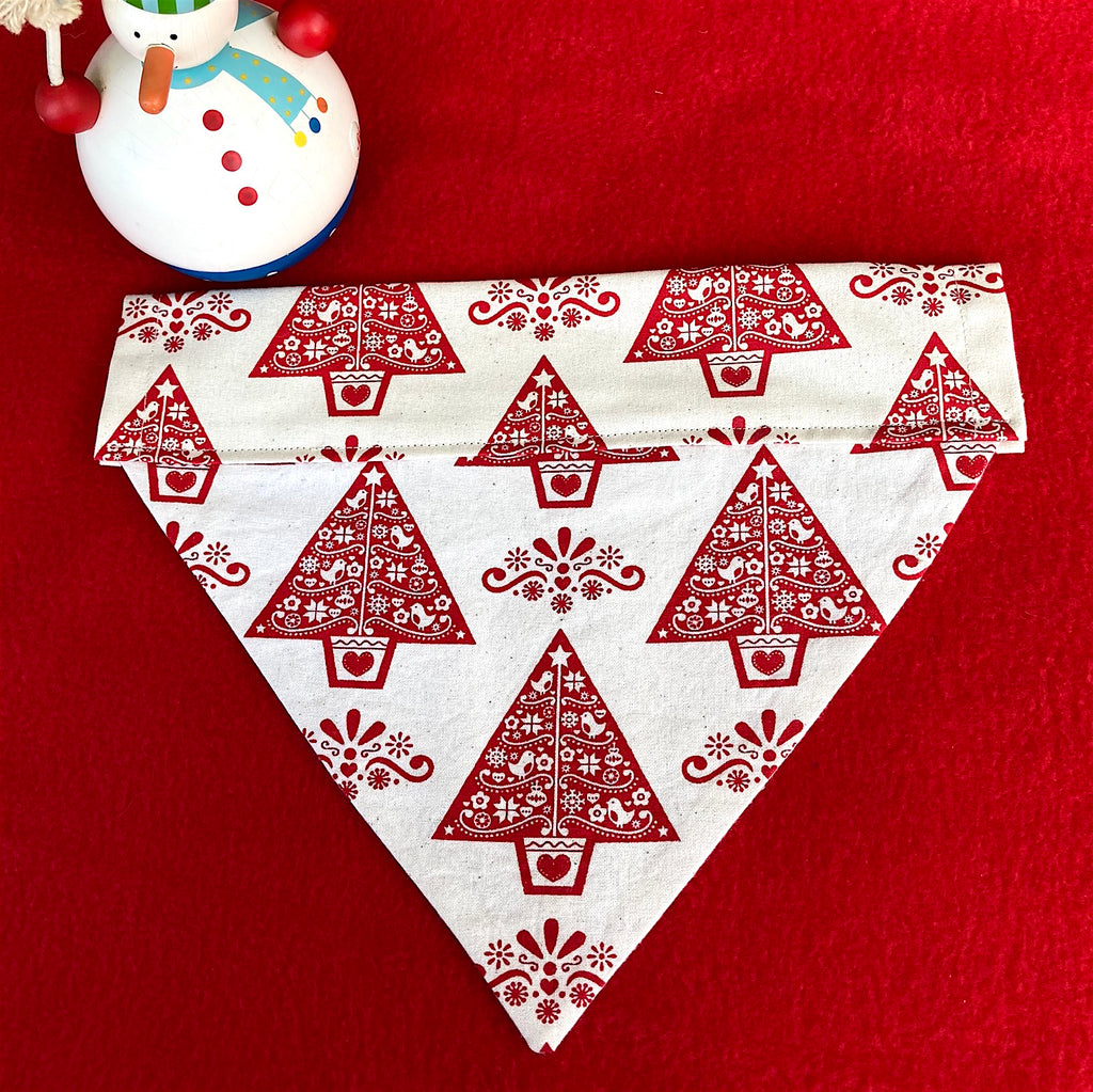 Xmas Over the Collar Handmade Dog Bandana - Natural/Red Partridge in a Pear Tree