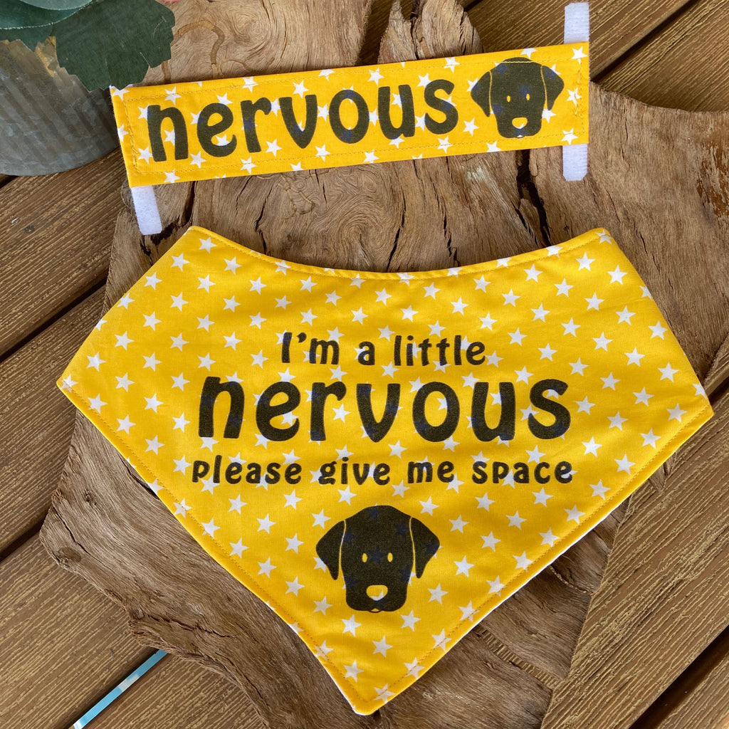 "NERVOUS DOG Bandana and Lead/Collar Strap Set" - Yellow Stars