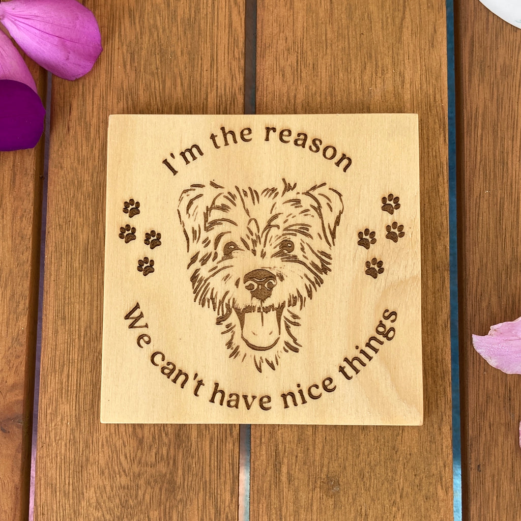 Set of 2 or 4 Wooden Breed Head Specific Humorous Dog Coasters "I'm the reason we can't have nice things" -  Dog Lovers Gift