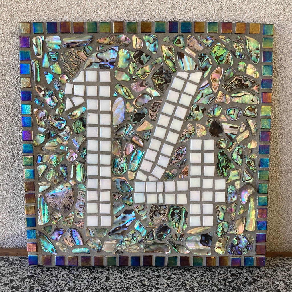 Custom Made Paua Shell Mosaic House Number, 1 or 2 Digits - 22cm SQUARE